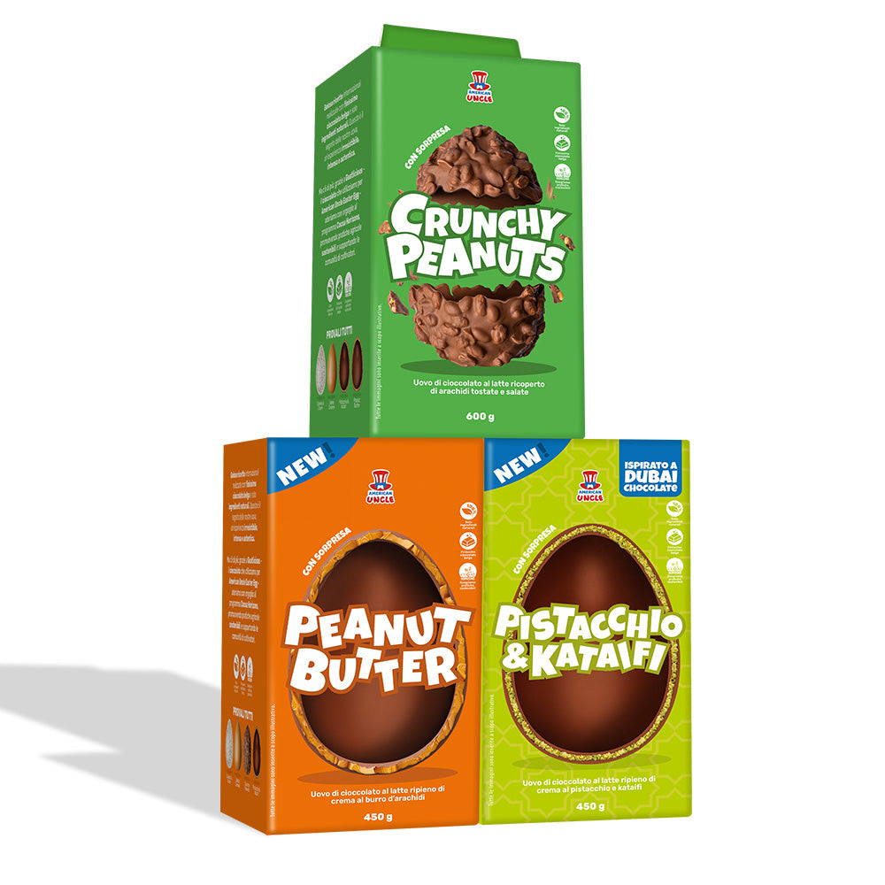 Confezione da 3 uova di pasqua: dubai chocolate, arachidato e ripieno al burro d'arachidi
