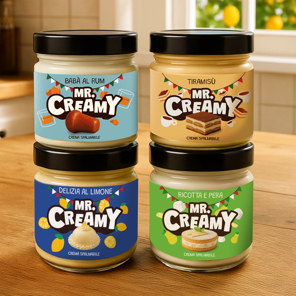 4 confezioni di creme spalmabili da 200g Mr Creamy ispirate a dolci italiani: tiramisù, ricotta e pera, babà al rum e delizia al limone