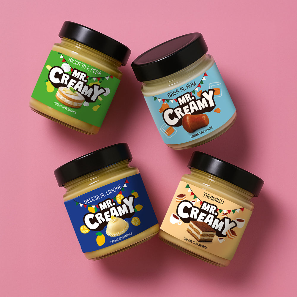 4 confezioni di creme spalmabili da 200g Mr Creamy ispirate a dolci italiani: tiramisù, ricotta e pera, babà al rum e delizia al limone