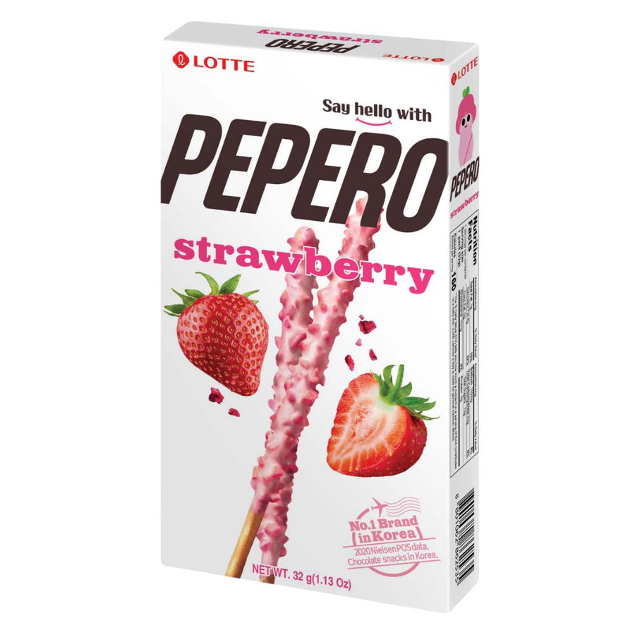 Lotte Pepero Strawberry, stick di biscotto con copertura al gusto di fragola da 32g.