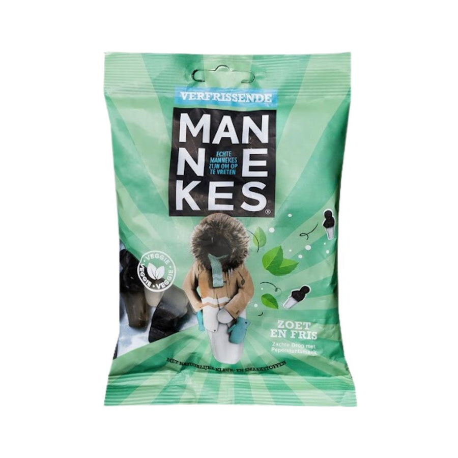 Confezione da 100g di Liquirizia al gusto di menta piperita Mannekes Verfrissende.