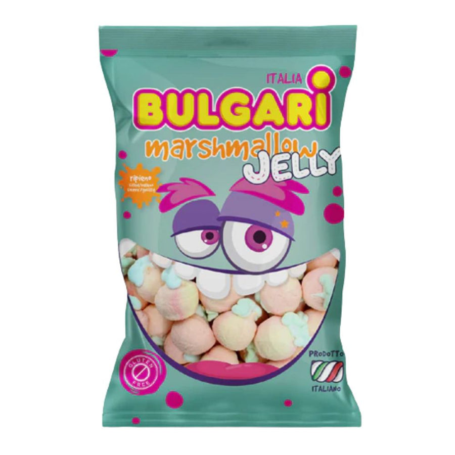 Confezione da 1kg, marshmallow a forma di pesca e ripieni di gelatina al gusto di pesca Bulgari.