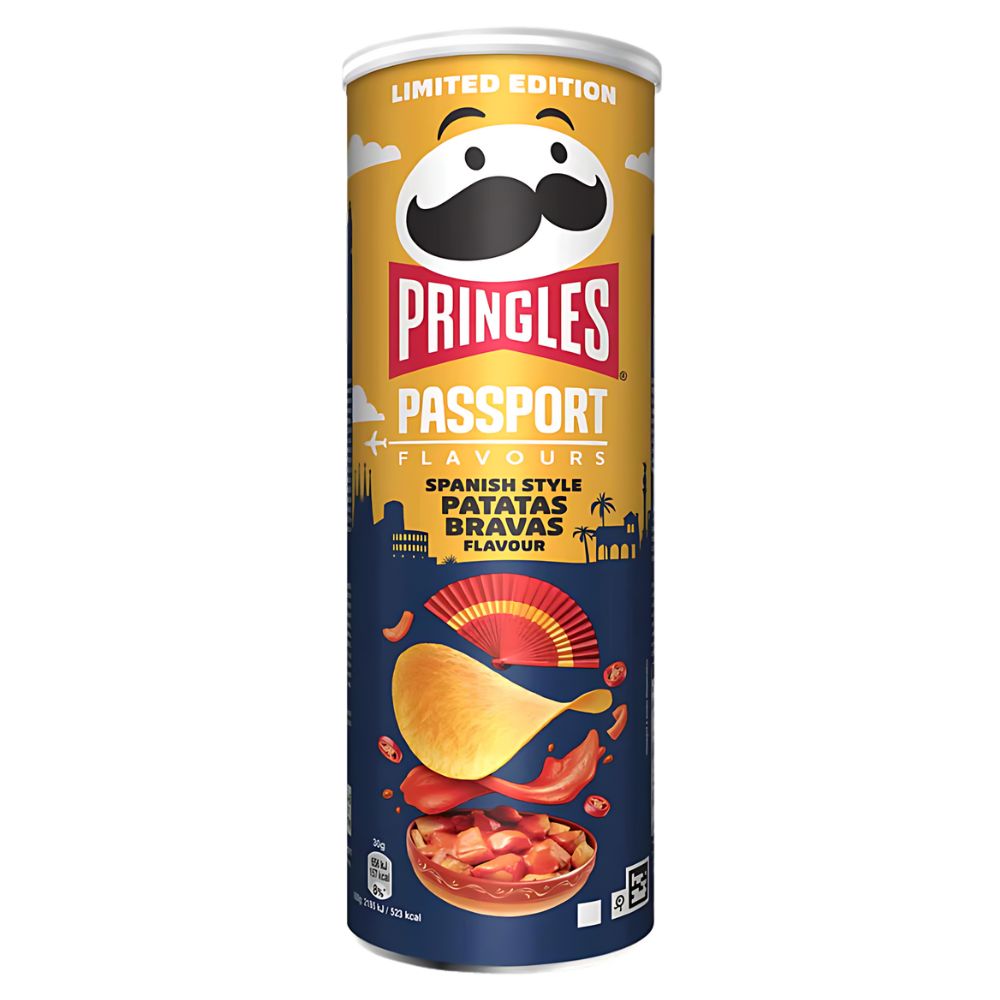 Confezione da 165g, patatine al gusto di patatas bravas Pringles.