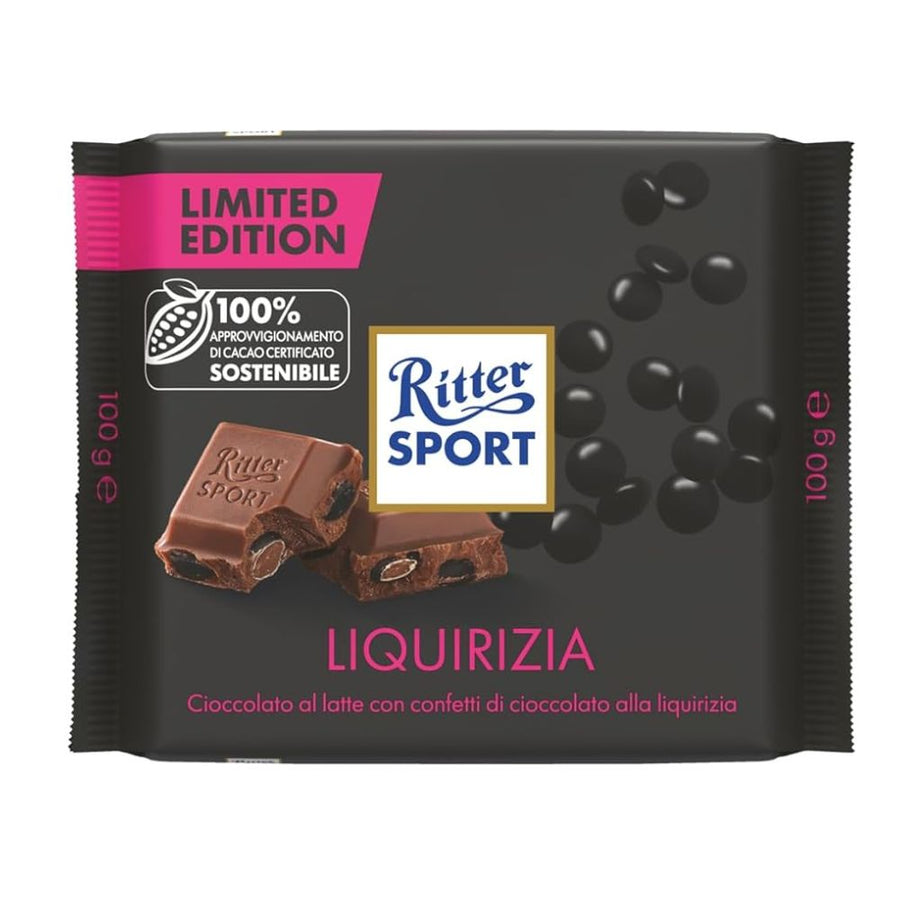 Confezione da 100g, cioccolato al latte con confetti di cioccolato al latte aromatizzati alla liquirizia Ritter Sport.