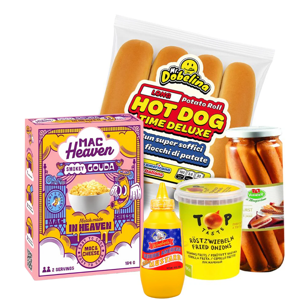 Kit hot Dog con panini, mac and cheese, mostarda, cipolla e wurstel