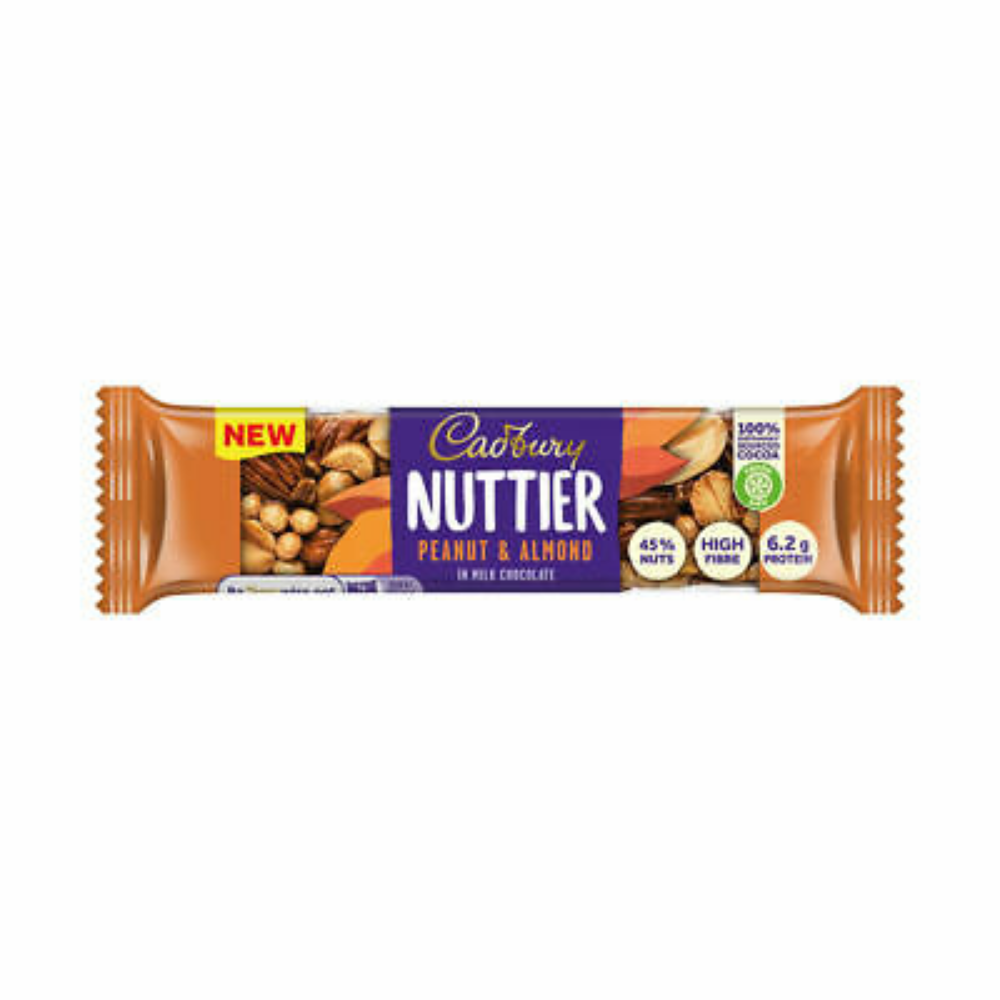 Cadbury Nuttier Amandes et Cacahuètes, barre de amandes et cacahuètes enrobée de chocolat au lait de 40g
