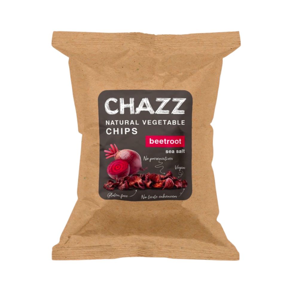 Confezione da 50g di chips di barbabietola Chazz Natural Vegetable Chips Beetroot Sea Salt