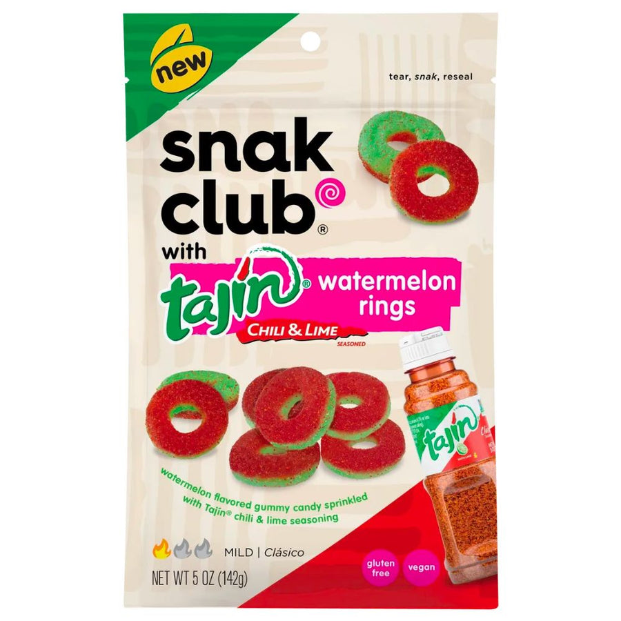 Confezione da 142g di caramelle all'anguria piccante Snak Club Tajin Watermelon Rings Chili & Lime