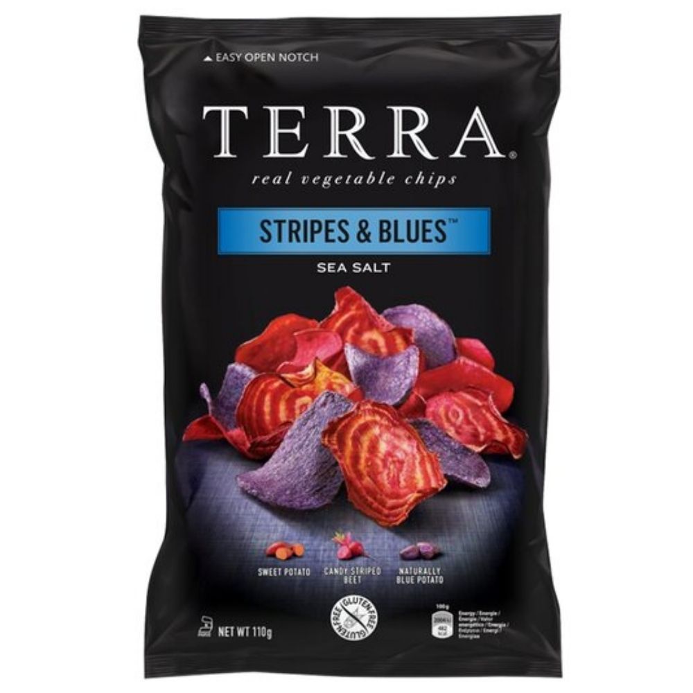Terra Real Vegetable Chips Stripe & Blues, chips de patates douces et radis avec sel marin de 110g