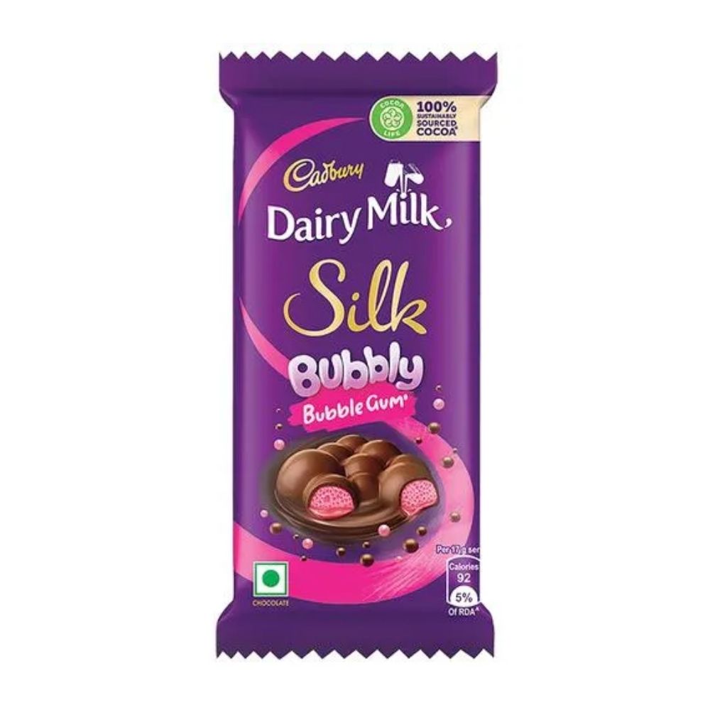 Cadbury Dairy Milk Silk Bubbly Bubble Gum, barre de chocolat fourrée à la crème au goût de bubble gum de 50g