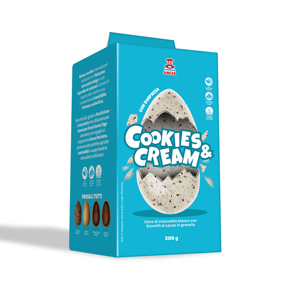 American Uncle Œuf de Pâques Cookies & Cream, œuf de Pâques en chocolat blanc avec biscuit au cacao en miettes de 300 g 
