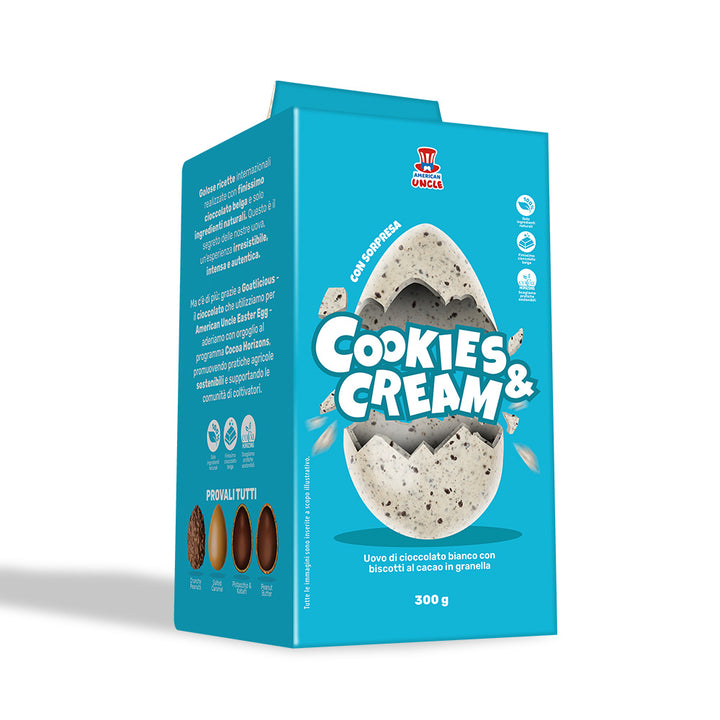 American Uncle Œuf de Pâques Cookies & Cream, œuf de Pâques en chocolat blanc avec biscuit au cacao en miettes de 300 g 