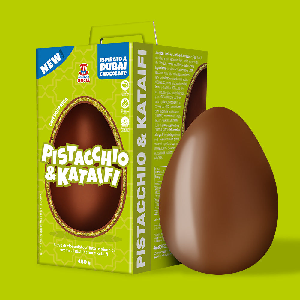 American Uncle Œuf de Pâques Pistache & Kataifi, œuf de Pâques Dubai Chocolate - chocolat au lait rempli de crème à la pistache et Kataifi de 450 g 