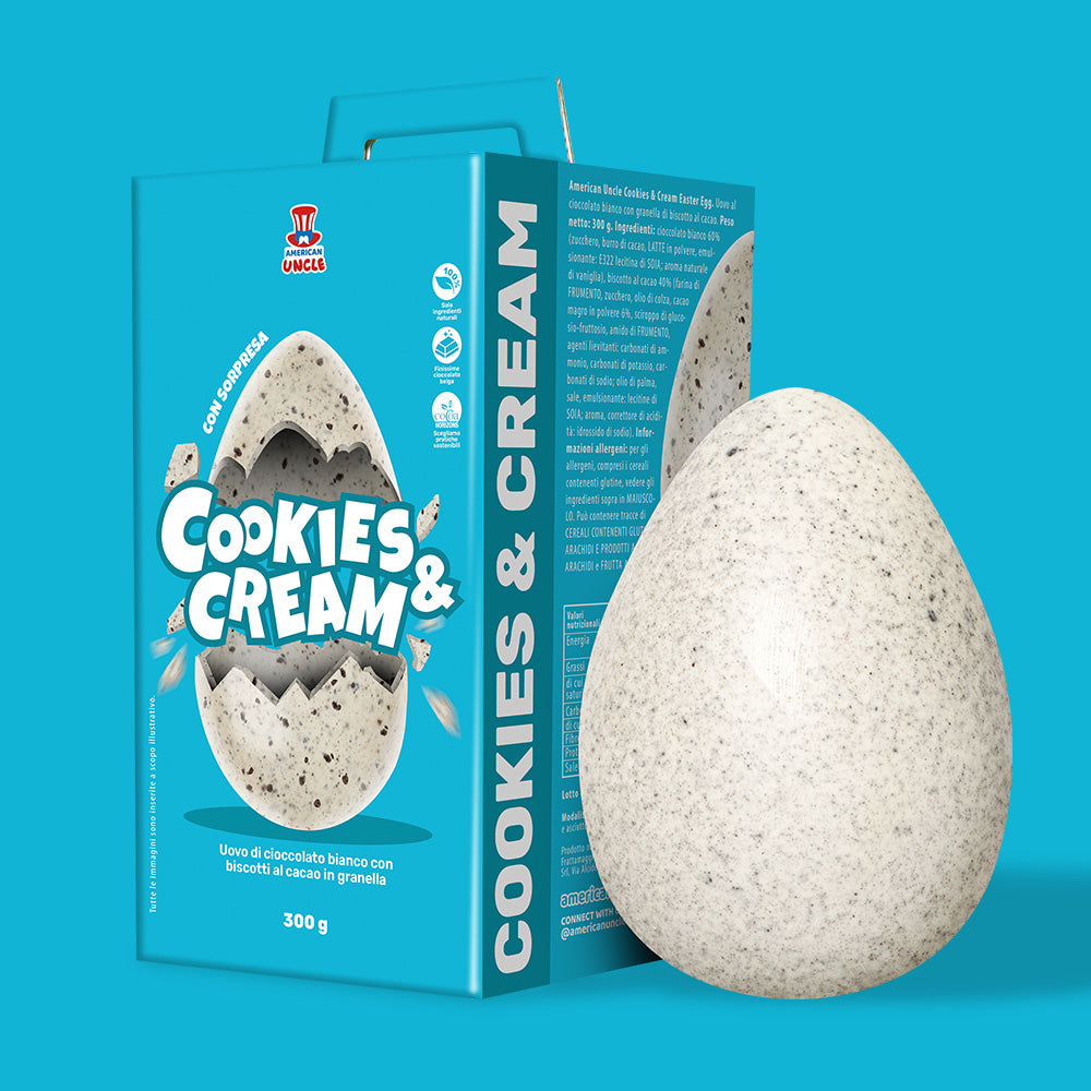 American Uncle Œuf de Pâques Cookies & Cream, œuf de Pâques en chocolat blanc avec biscuit au cacao en miettes de 300 g 