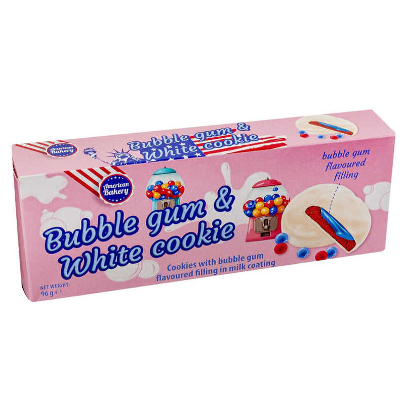 Confezione da 96g, biscotti con crema al gusto di chewing gum ricoperta di copertura del latte American Bakery.