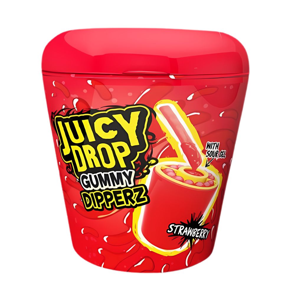 Bazooka Juicy Drop Gummy Dipperz Fraise, bonbons gélifiés et gel au goût de fraise de 96g 
