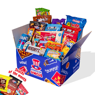 Snack box d'au moins 50 produits internationaux : sucrés, salés et boissons