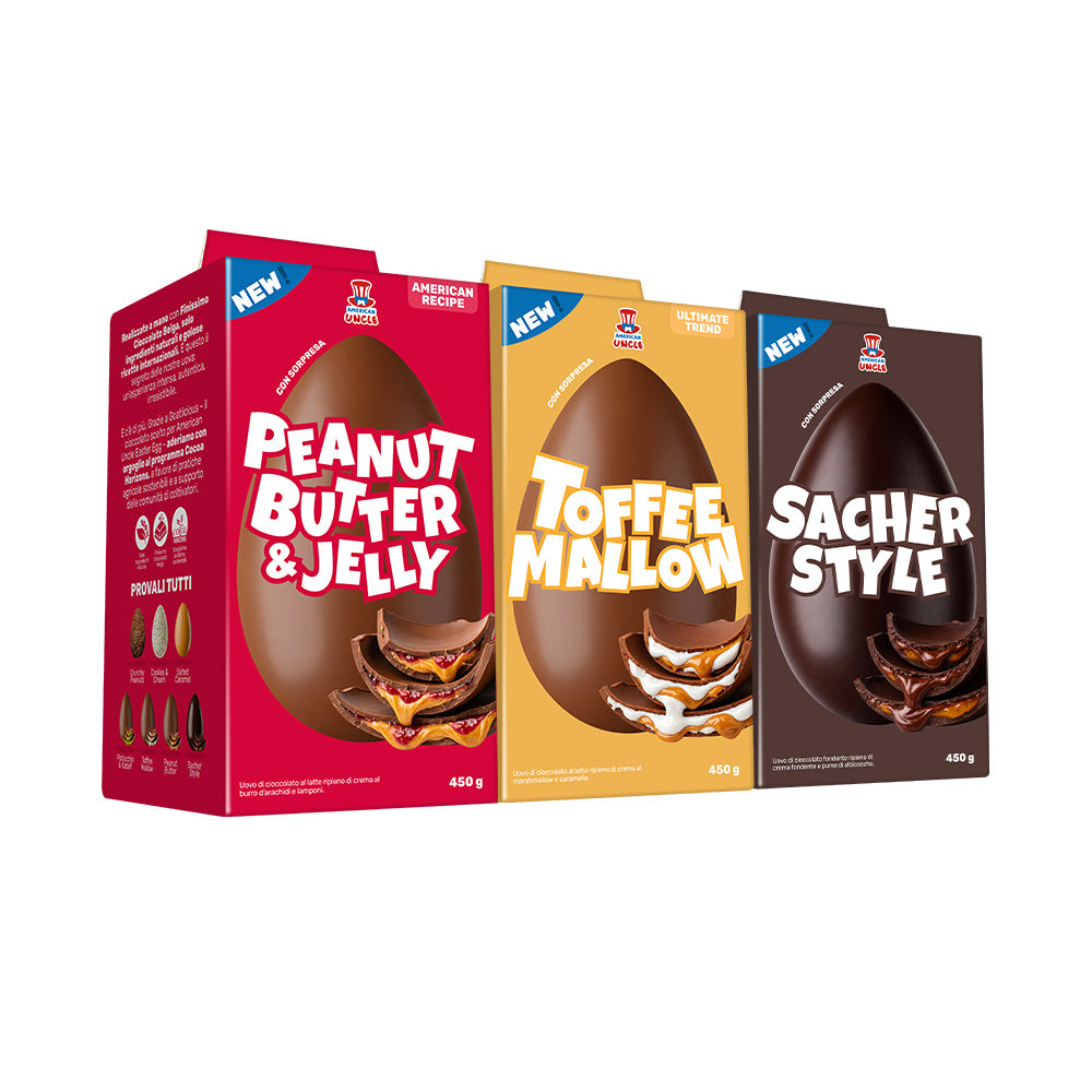 Pack de 3 œufs de Pâques : beurre de cacahuète & gelée, Toffee Mallow, style Sacher