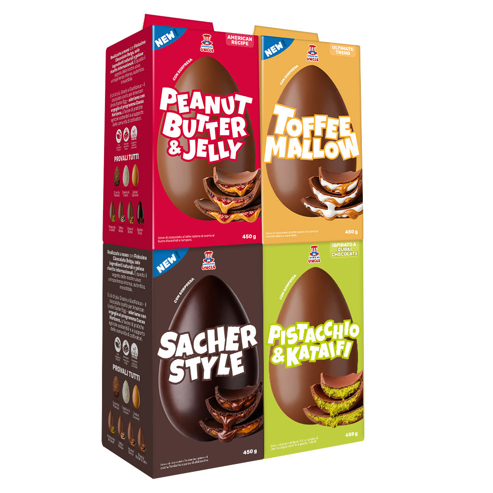 Kit de 4 œufs : beurre de cacahuète & gelée, Toffee Mallow, Style Sacher, Pistache & Katafii