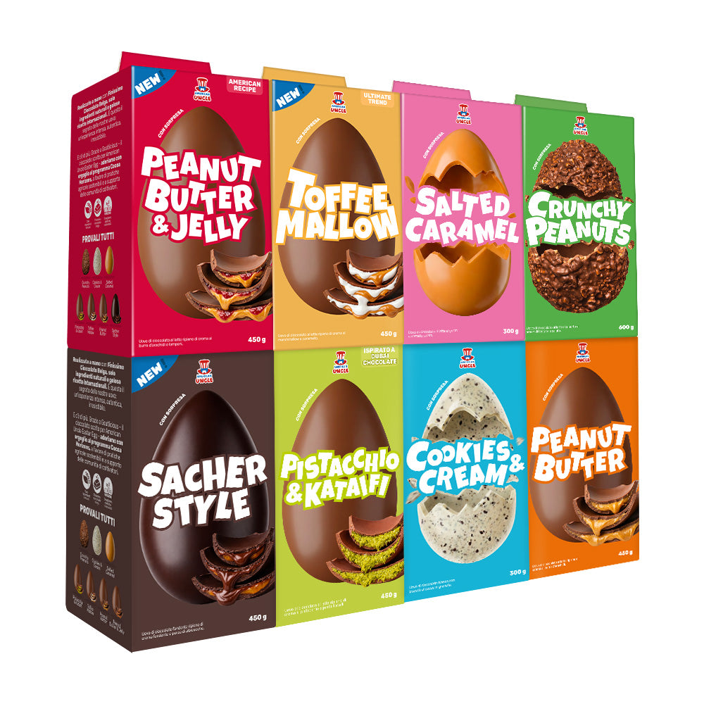 Tous les œufs de Pâques : beurre de cacahuète et confiture, caramel et marshmallow, caramel salé, cacahuètes croustillantes, confiture et chocolat noir, pistache et kataifi, cookies and cream, beurre de cacahuète