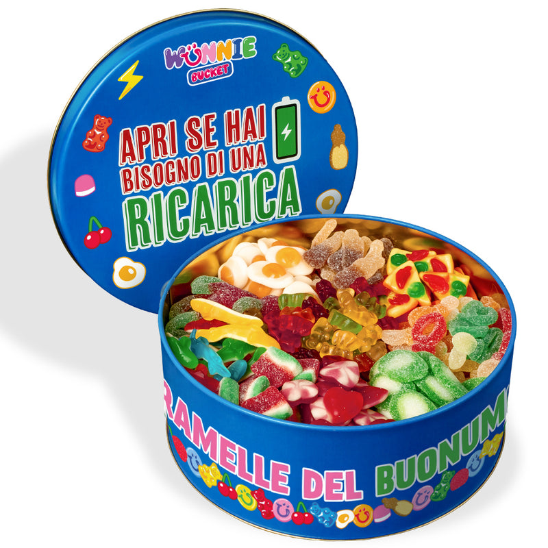 Wunnie Bucket "Apri se hai bisogno di una ricarica", boîte de bonbons gélifiés de 3kg à composer avec vos saveurs préférées