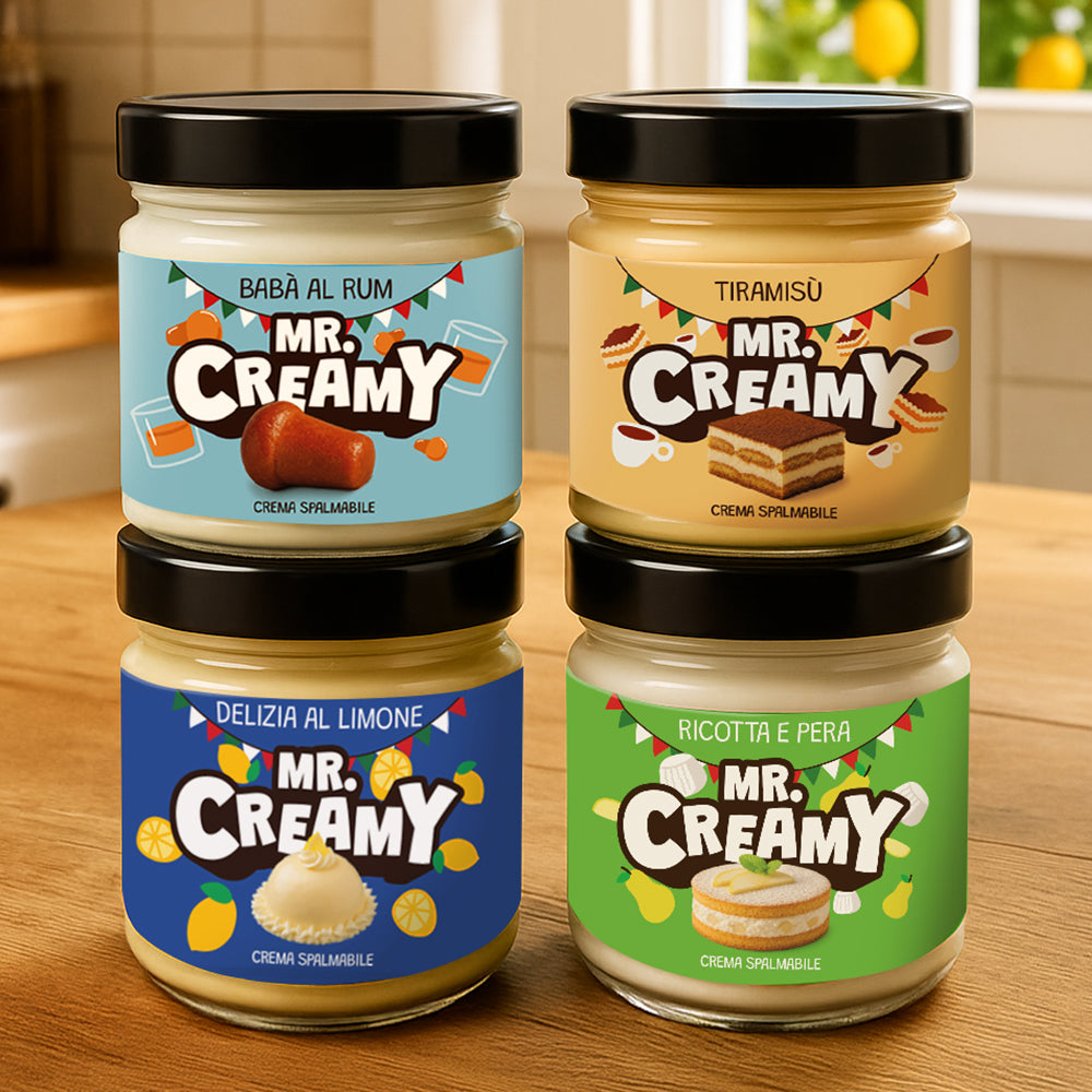 Combo Mr.Creamy "Pick&Mix", 3 creme spalmabili in gusti a scelta: nella foto ricotta e pera, babà al rum, tiramisù, delizia al limone