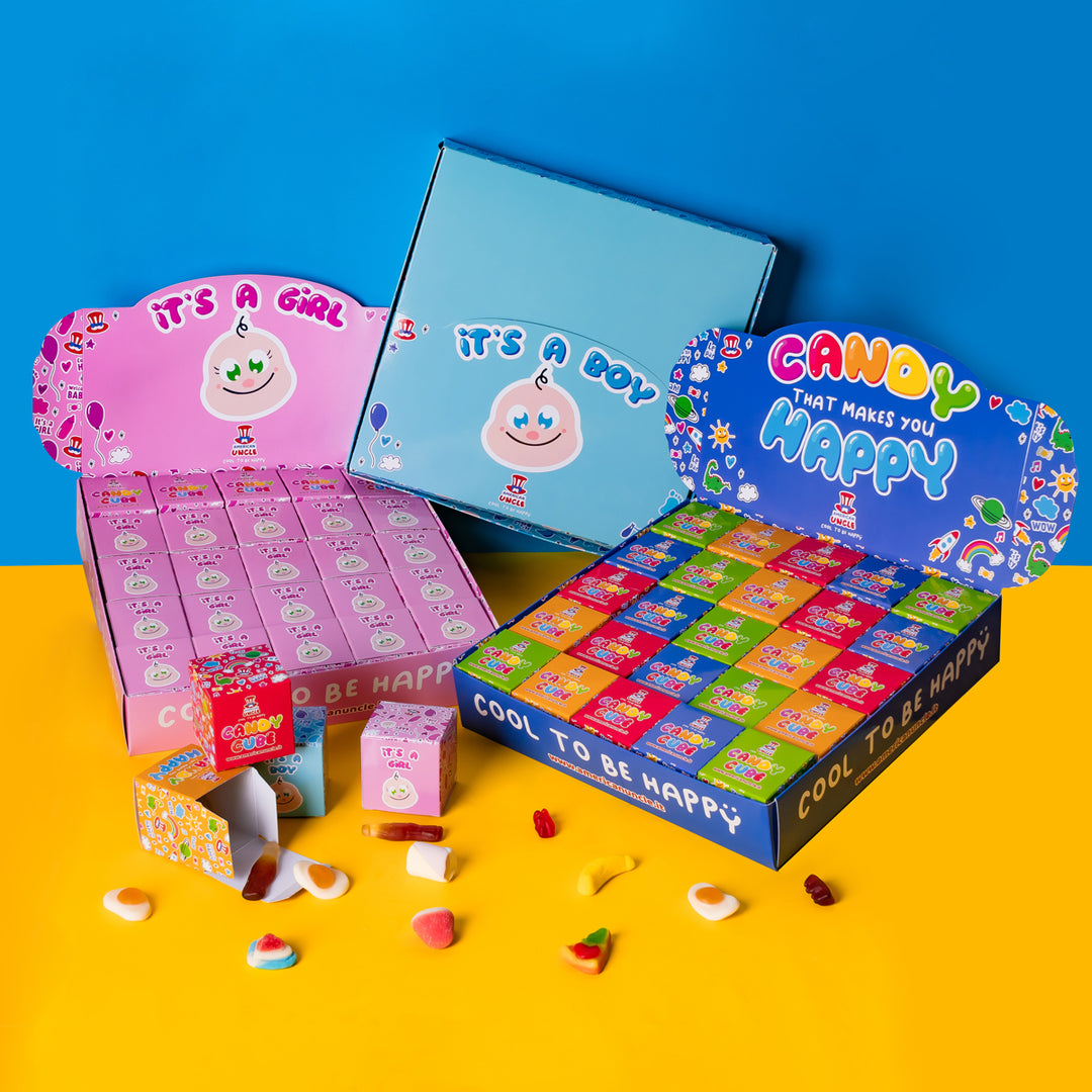 Kit regalini: espositori con scatoline di caramelle per baby shower maschio e femmina e per compleanni
