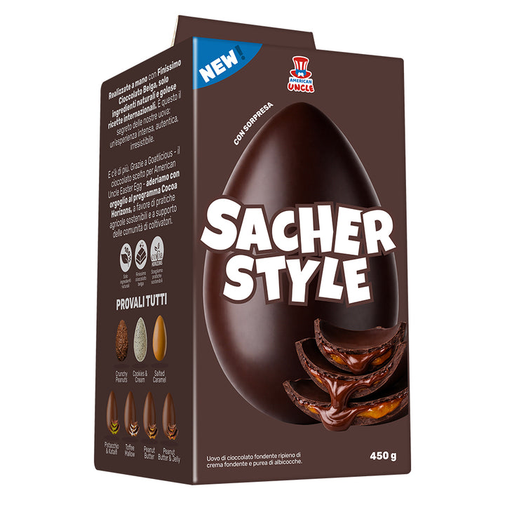 Oeuf de Pâques de 450g en chocolat noir fourré à la confiture d'abricot et chocolat noir American Uncle Egg Sacher Style