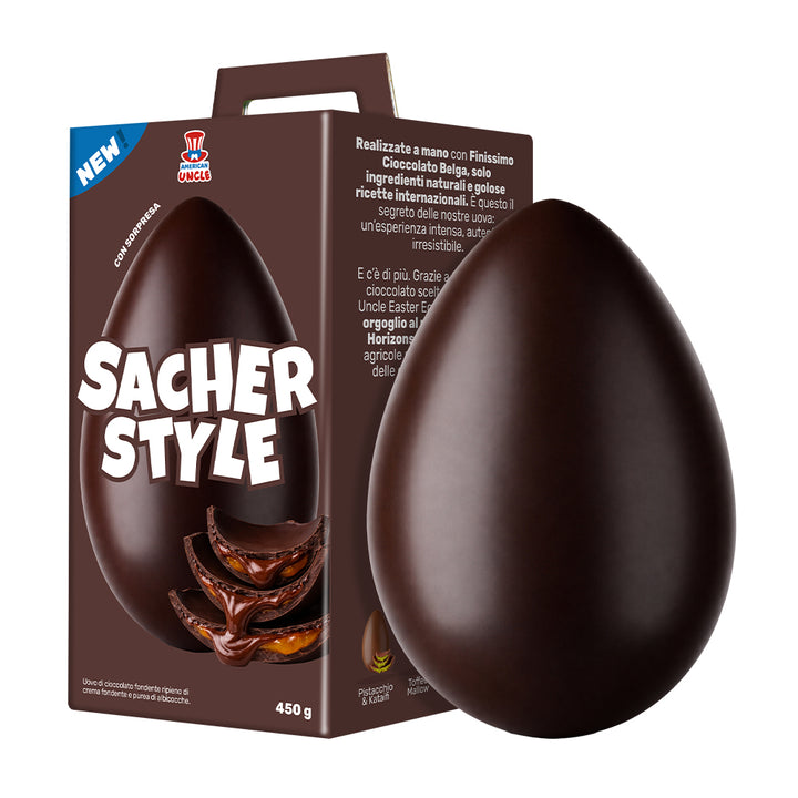 Oeuf de Pâques de 450g style sacher avec coque en chocolat noir et fourrage à la confiture et au chocolat