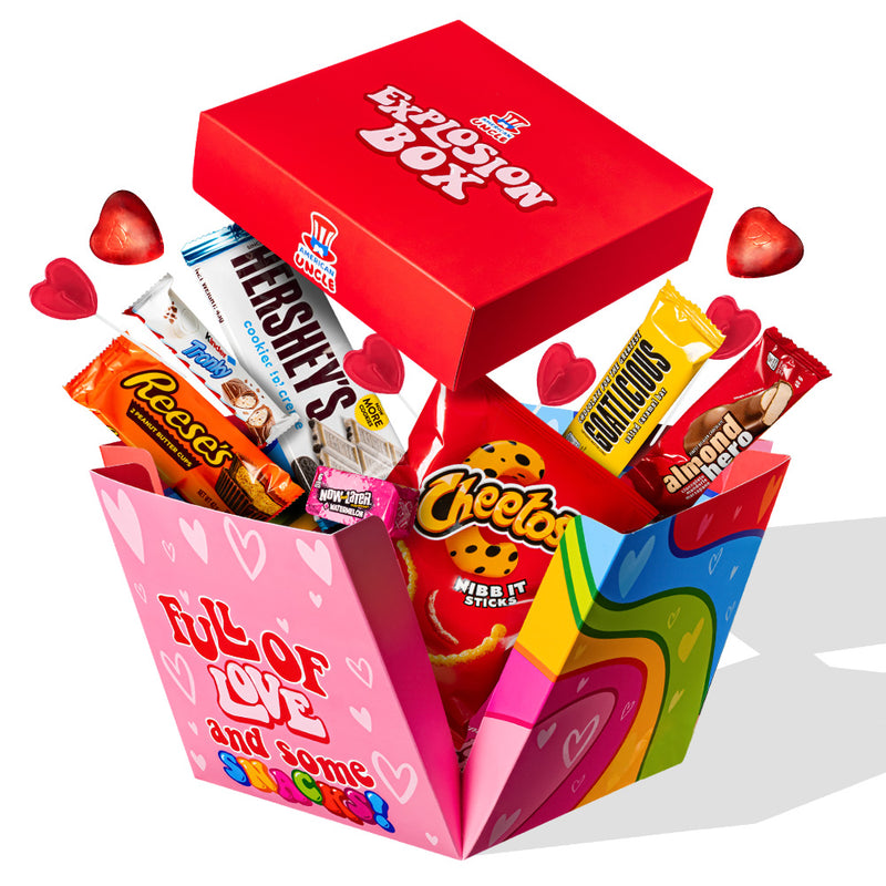 Explosion box “Love”, boîte cadeau explosive avec 20 snack douceurs et surprises salées 