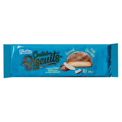 Confezione da 128g, biscotto ricoperto di cioccolato e ripieno di crema al gusto di cocco.