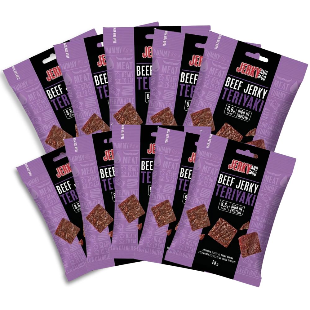 Jerky And Go Bœuf Séché Teriyaki, snack de viande de bœuf séchée et fumée au goût Teriyaki de 25g (Paquet de 10) 