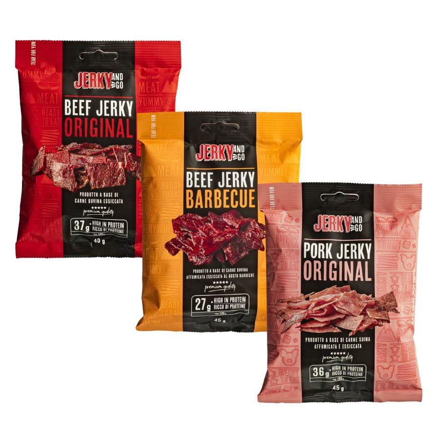 Jerky And Go Mix: Jerky and Go Beef Jerky Original da 45g, Jerky and Go Beef Jerky Barbecue da 45g, Jerky and Go Pork Jerky Original da 45g