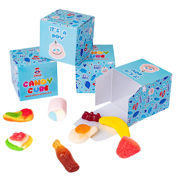 Candy Cube Kit “C’est un garçon”, boîtes de bonbons gélifiés de 50g idéales pour la baby shower ou la naissance (25, 50 ou 75 pcs) 