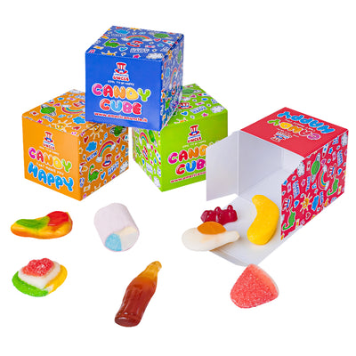 Candy Cube Kit "Party", boîtes de bonbons gommeux de 50g idéales comme gadget de fin de fête (25, 50 ou 75 pcs)