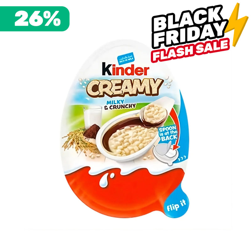 Kinder Creamy Milky & Crunchy, chocolat Kinder avec crème au lait et riz soufflé de 19g