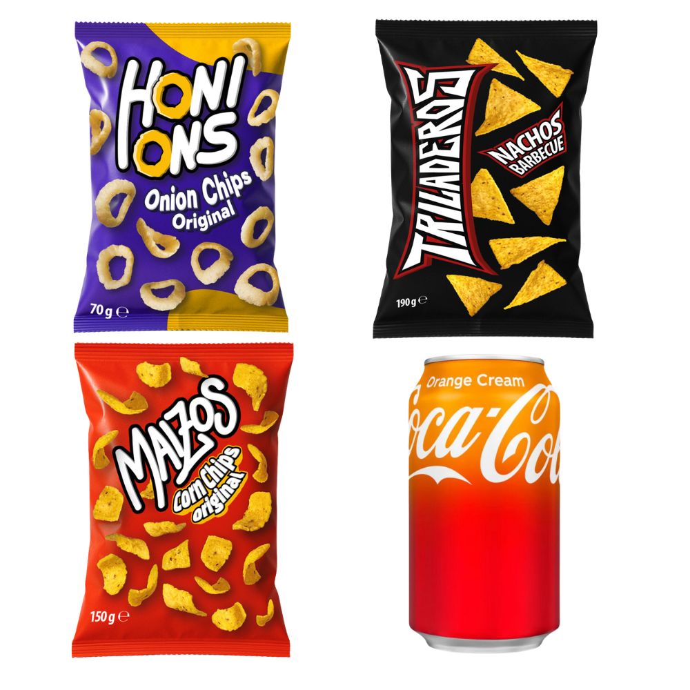 Kit Apéritif : 1 Honions Onion Rings de 70g, 1 Triladeros Nachos BBQ de 190g, 1 Maizos Corn Chips Original de 150g, 1 Coca Cola Orange Cream de 355ml 