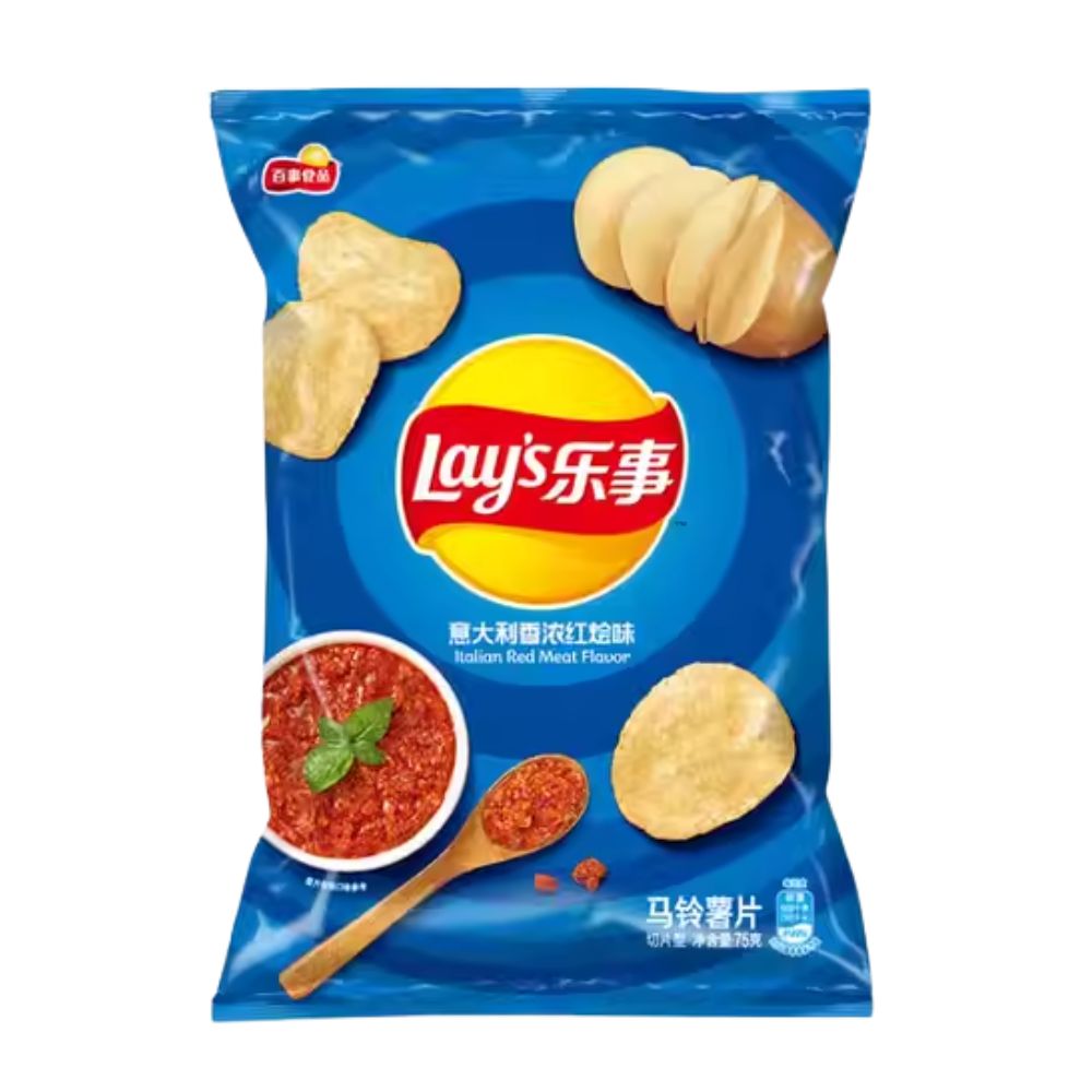 Lay's Italian Red Meat Flavor, patatine al gusto di stufato rosso all'Italiana da 70g.