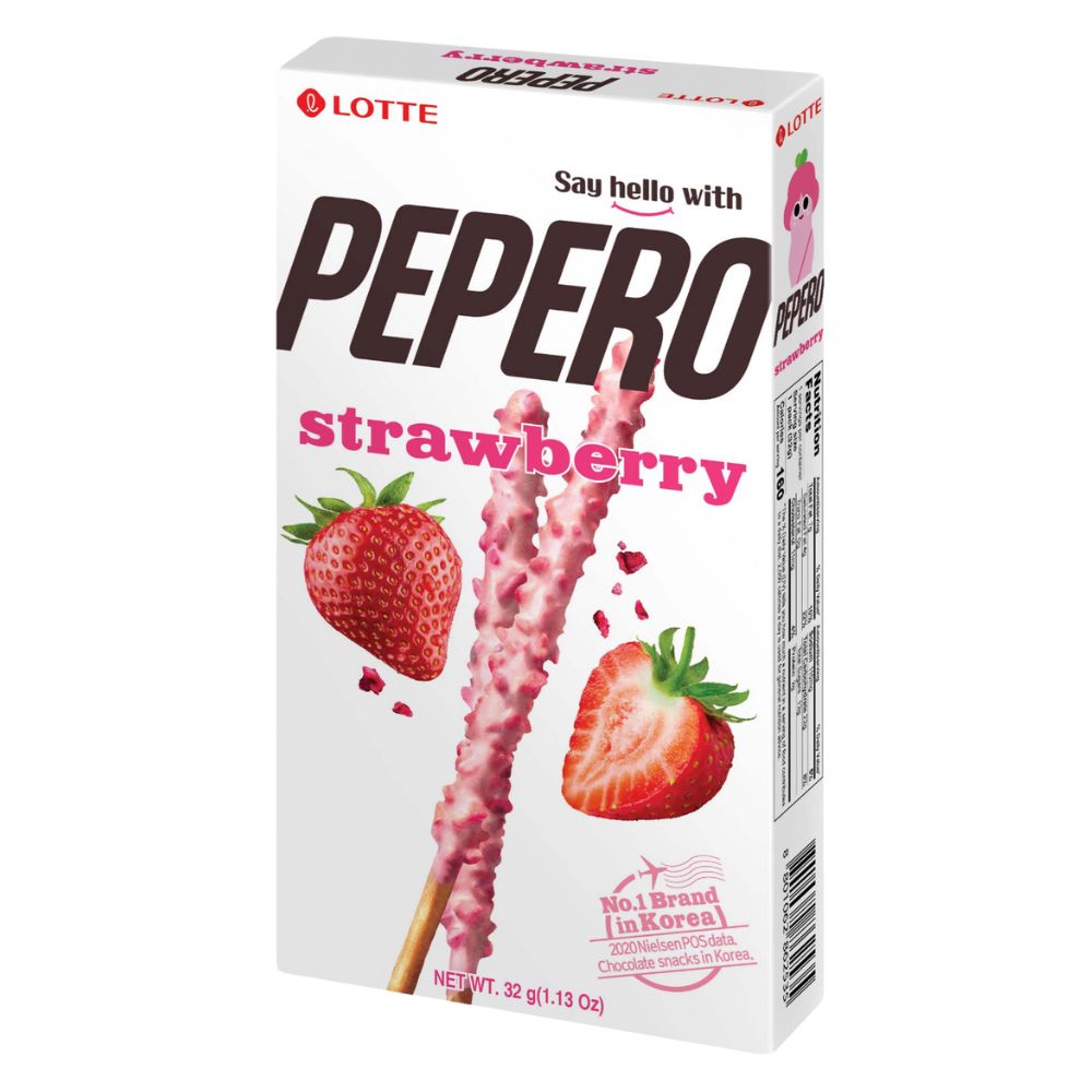 Lotte Pepero Strawberry, stick di biscotto con copertura al gusto di fragola da 32g.