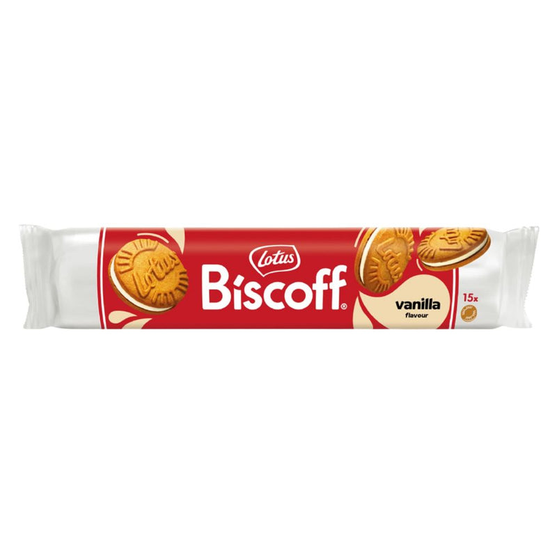 Confezione da 150g biscotti con crema al gusto di vaniglia Lotus.