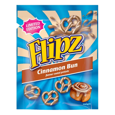 Confezione da 90g, pretzel ricopreti di glassa al gusto di cinnamon bun Flipz.