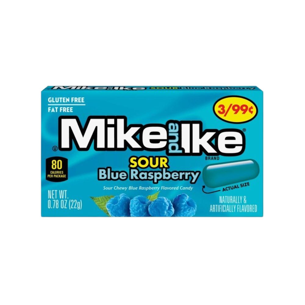 Mike and Ike Sour Blue Raspberry, bonbons au goût de framboise de 22g.