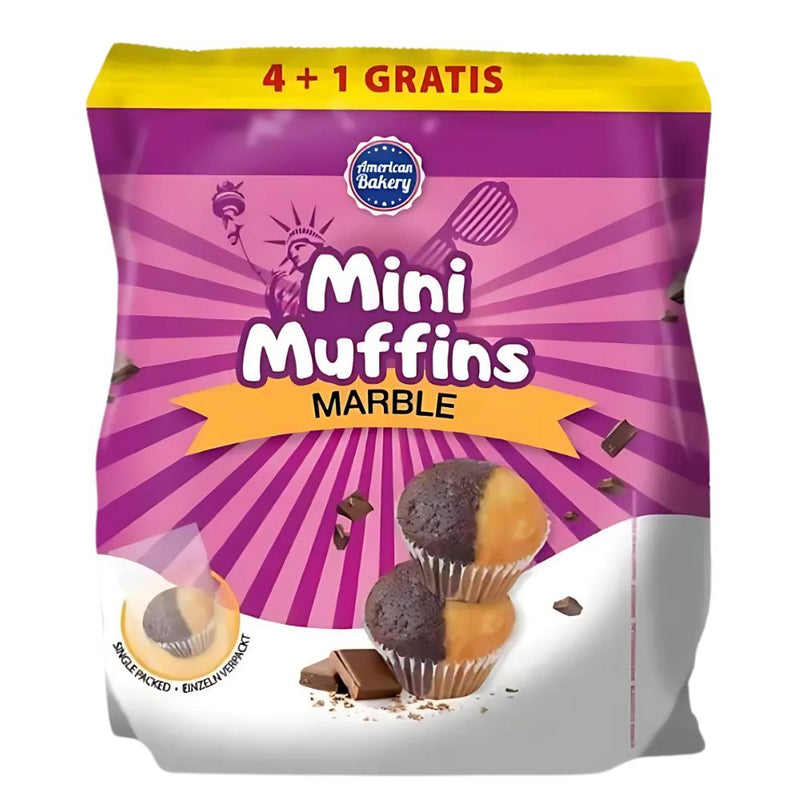 Confezione da 125g, Mini Muffins Marble al gusto di cioccolato e vaniglia.