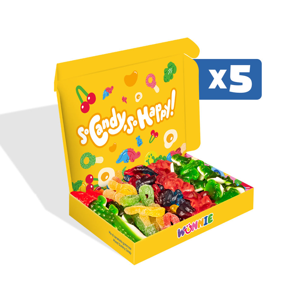 Wunnie box "Smile", 5 boîtes de bonbons gélifiés aux saveurs assorties de 480g 