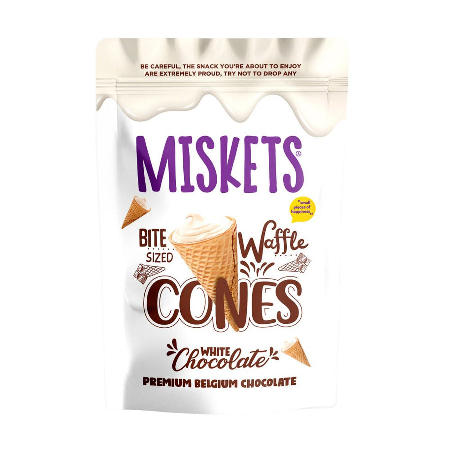 Miskets Cones With White Chocolate, coni di cialda con ripieno di cioccolato bianco da 70g.