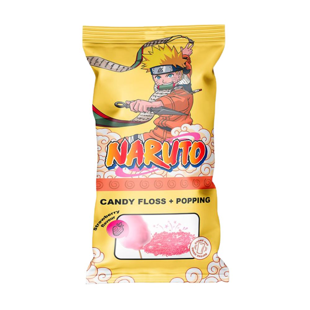 Naruto Candy Floss &amp; Popping Stickers, zucchero filato e caramelle frizzanti al gusto di fragola da 11g.