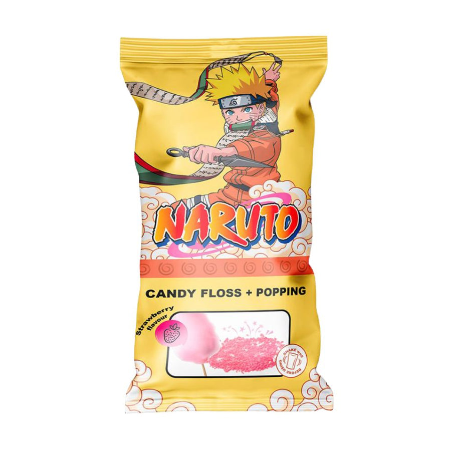 Naruto Candy Floss &amp; Popping Stickers, zucchero filato e caramelle frizzanti al gusto di fragola da 11g.