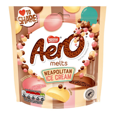 Confezione da 86g, cioccolato al latte aerato con pezzi al gusto di fragola e vaniglia Nestle.