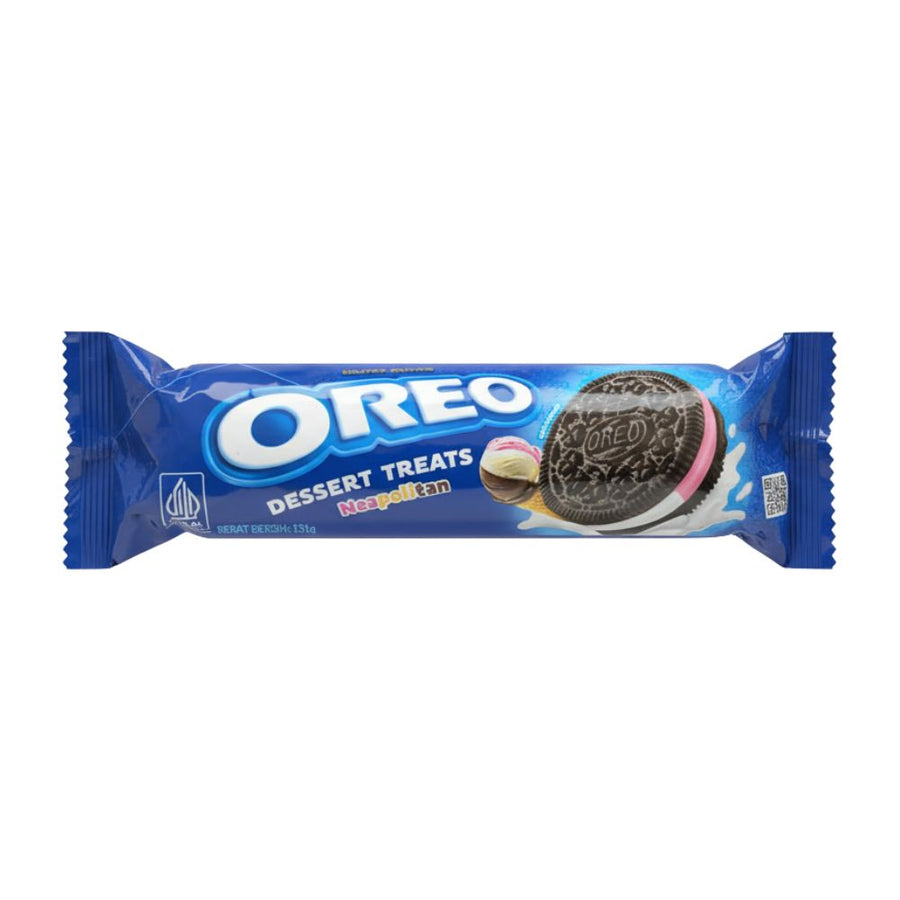 Oreo Dessert Treats Neapolitan Édition Limitée, biscuits avec crème aux saveurs de vanille, fraise et chocolat de 131g.