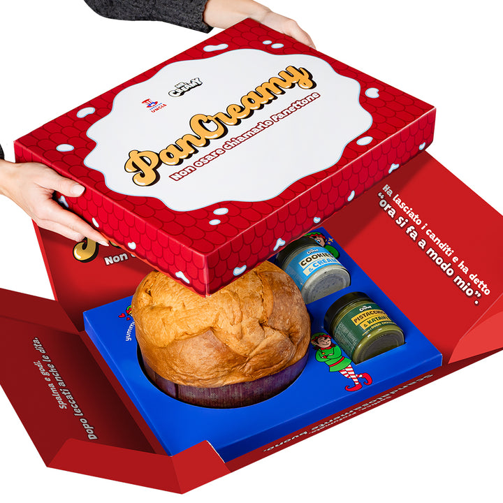 PanCreamy, Panettone artisanal de 900g + 2 crèmes à tartiner Mr. Creamy (saveurs au choix) 